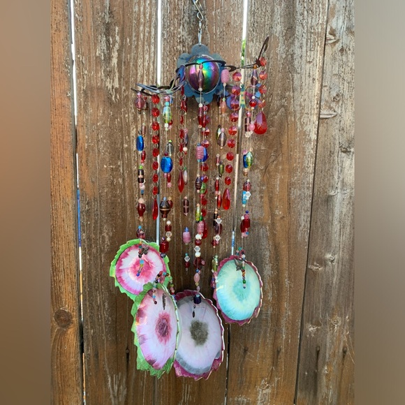 Inlaid Gold Leaves Vtg Porcelain Glass Beads 3D Butterfly Wind Chime Mobile - Picture 10 of 11